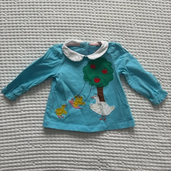 Baby Boden Baby Girl Long-Sleeve Blue Whimsical Duck Apple Tree Top: 6-9M - Picture 1 of 8